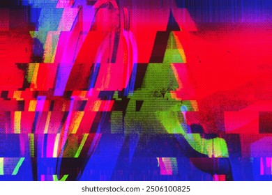 Abstract red, pink, green motion glitch art background. Overlapping geometric shapes, pixelated textures. Dither Pattern Bitmap, Flicker Pixels Effect, 8 Bit Pixel Art Retro Video Arcade Game Backdrop - Powered by Shutterstock