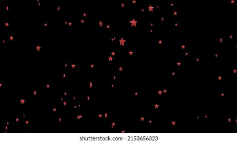 Abstract Red Stars In Free Random Flight In The Night Sky. Flying Red Stars. Used To Enhance Any Video Presentation, Animated Film, Cinematic Clips Or Film Project. 3D. 4K. Isolated Black Background.