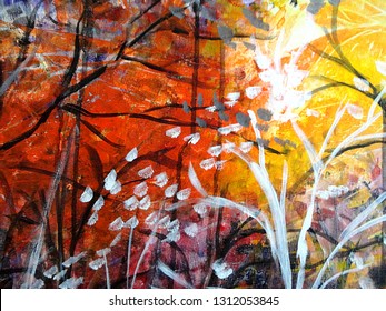 Abstract, red, yellow and orange, beautiful, forest trees, painterly background textures. Sunlight piercing through black and white tree branches. Painting in acrylic,oil of vibrant sunset or sunrise.