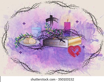 Abstract religious Lent symbols on abstract purple watercolor background with the frame of thorns. - Powered by Shutterstock