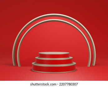 Abstract Rendering 3d Shape For Placing The Product With Copy Space. Modern Red And Gold Round Podium With Geometric Background