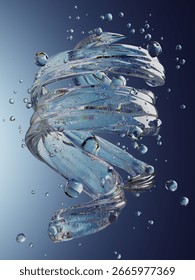 An abstract representation of a swirling liquid visualized through transparent globules and loops, showcasing an energetic and fluid motion. 3D Illustration