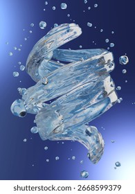 An abstract representation of a swirling liquid visualized through transparent globules and loops, showcasing an energetic and fluid motion. 3D Illustration