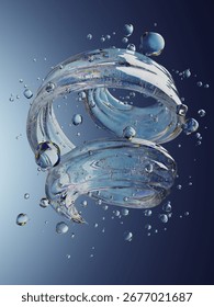 An abstract representation of a swirling liquid visualized through transparent globules and loops, showcasing an energetic and fluid motion. 3D Illustration