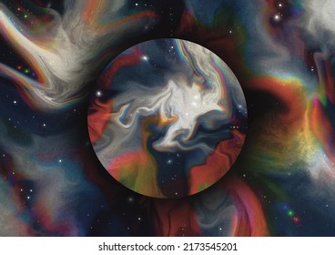 Abstract Retro misty space universe  with large round circle black hole space planet and marbled chromatic aberration glitch RBG rainbow
