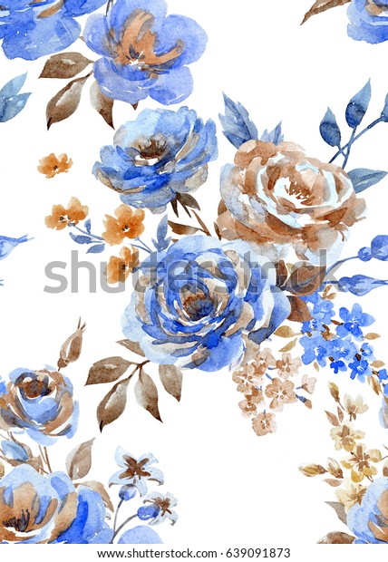 白い背景にレトロな壁紙と花束 青いバラ ライラック 茶色の葉と芽の枝付き のイラスト素材