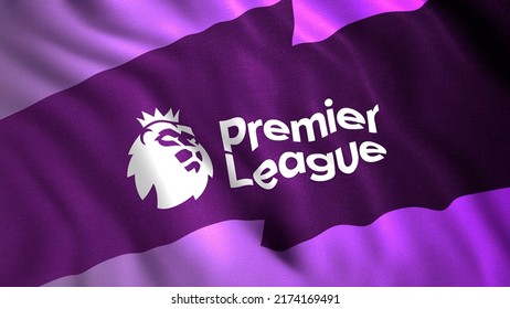 Abstract rippling flag in purple color with a lion and a crown. Motion. Waving flag of the Football Association Premier League. For editorial use only.