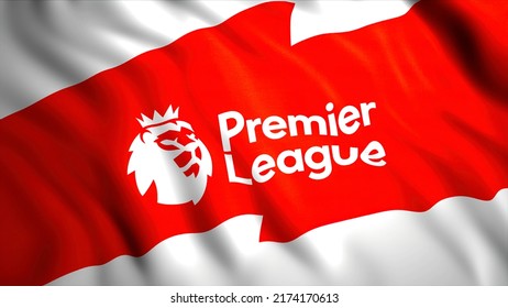 Abstract rippling flag in white and red colors with a lion and a crown. Motion. Waving red and flag of the Football Association Premier League. For editorial use only.