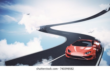 Abstract road with car and airplane on bright blue sky background. Transport concept 