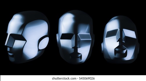 Abstract Robot Head From Different Angles On Black Background. Artificial Intelligence.
3D Render.
