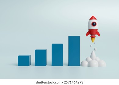 Abstract rocket launch and graph growing up on blue background. Start up business development to success and growing growth concept. Success strategy. 3d render
