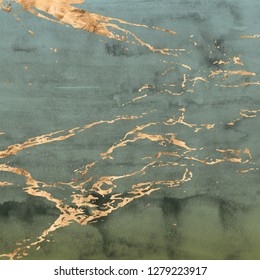 Abstract rose gold marbled veins are overlaid on an ombre watercolor texture in a moss green and aqua gradient effect. 