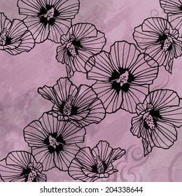 Abstract rose sharon pattern light pink watercolor background and artsy lines black outlines in the petals in hand drawn flower design 