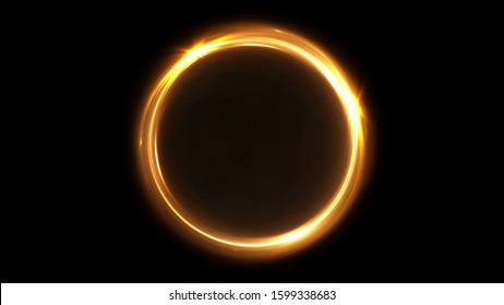 Abstract Rotating Neon Circle In Gold Color. Luminous Ring. Space Tunnel. LED Color Ellipse. 3d Illustration. Empty Hole. Glow Portal. Hot Ball. Flickering Spin.