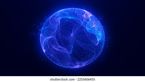 Abstract round blue sphere light bright glowing from rays of energy and magic waves from particles and dots, abstract background.