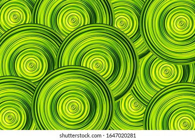 Abstract round circle background. Retro vinyl disco backdrop. Rotate graphic design. Spinning neon lights texture. Green disc pattern.