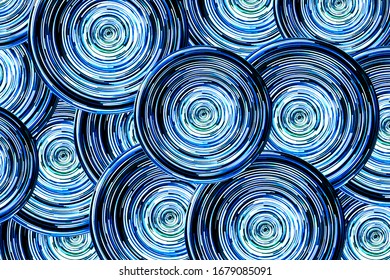 Abstract round circle background. Retro vinyl disco backdrop. Rotate graphic design. Spinning neon lights texture. Blue disc pattern. Led glowing lines.