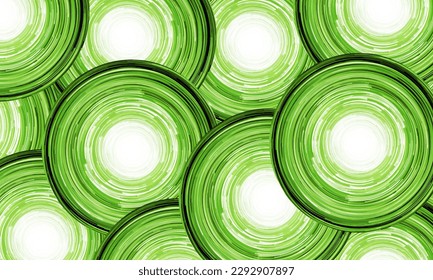 Abstract round circle background. Retro vinyl disco backdrop. Rotate graphic design. Spinning neon lights texture. Green disc pattern. Vibrant color rotation photo. Pop culture.
