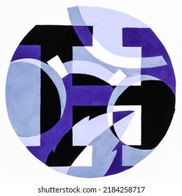abstract round composition and letter H  tree leaf   spectacles hand  painted and blue  violet   black tempera paints white paper