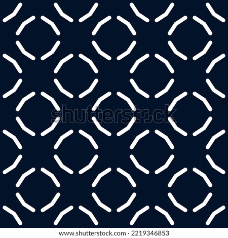 Abstract round line shape pattern geometric motif circle continuous background. Modern fabric design textile swatch ladies dress, man shirt all over block print. Contrasting blue, white colour palette