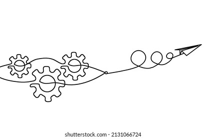 Abstract Round Metal Gears Wheels With Paper Plane As Line Drawing On White Background