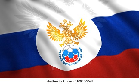Abstract russian football union waving tricolour flag, seamless loop. Motion. Golden double - headed eagle and a ball. For editorial use only.