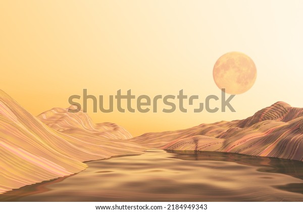 Abstract sand, water and sun landscape wallpaper for walls. Nature concept and 3D Rendering.