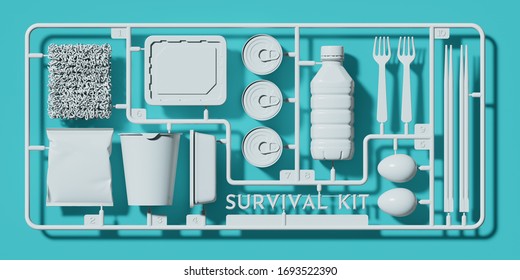 Abstract of saving money background for business and finance concept. White plastic assembly kit of "Survival Kit" with instant and budget food. 3d rendering illustration.