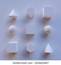 An abstract scene in blue tones. A square of geometric bodies laid out on the surface: cubes, cylinders, cones, icosahedrons. 3D render.