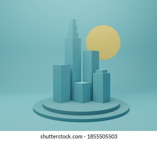 Abstract Scene. Abstract City Scape On Podium With Orange Circle Sun Over Blue Pastel Background. 3d Rendering Illustration