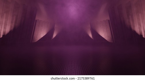 Abstract Scene Huge Virtual Showroom Club Hallway With Light And Smoke Bright Purple Background 3D Rendering