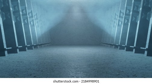 Abstract Scene Huge Virtual Showroom Club Hallway With Light And Smoke Light Blue Turquoise Background Wallpaper 3D Render