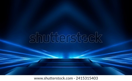 Abstract scene from rays of light with stairs, blue neon, spotlights.