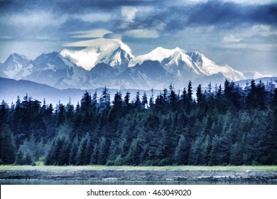 Abstract Of Scenic Forest And Mountain View From Bartlett Cove, Glacier Bay National Park And Preserve, Southeastern Alaska, USA, With Digital Painting Effects, For Themes Of Nature And Conservation