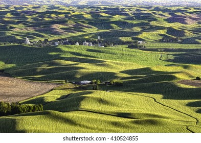 Abstract Scenic Of Small Town In Rolling Hills Of La Palouse, Washington, USA, Before Sunset In Mid June, With Digital Oil-painting Effect, For Rural, Travel, Or Environmental Themes