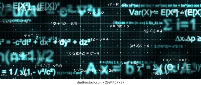 Abstract science background featuring complex math equations, algebraic formulas, and physics symbols glowing on dark grid design. Ideal for innovation, learning, and data visualization.