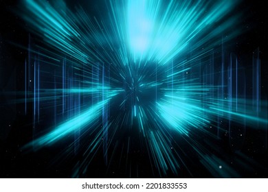 Abstract Science Fiction Outer Space Flight In Space Hyper Jump. Hyper Warp Space Speed In The Tunnel. Data Flow Tunnel, Or Time Travel Concept. 3D Illustration