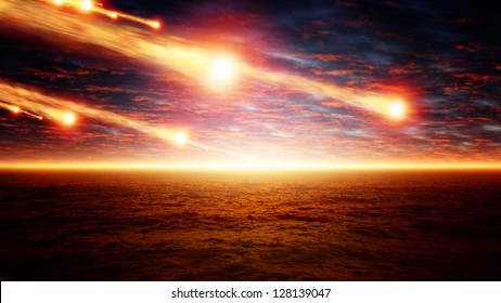 Abstract scientific background - asteroid impact, sunset over sea, glowing horizon