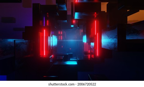 Abstract Sci-fi Tunnel. EDM Club Concert, High Tech Background. Time Warp Portal, Lightspeed Hyperspace Concept. 3D Render.