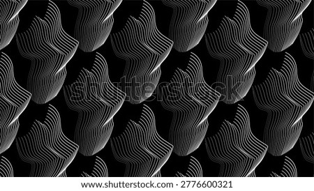 Abstract seamless background pattern with wavy white contour lines on black. Modern monochrome optical illusion texture.