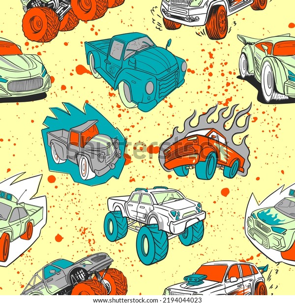 Abstract\
seamless cars pattern for boy on background. Childish style wheel\
auto repeated backdrop. Red and blue\
sportcar.