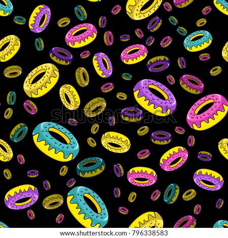 Abstract seamless donut, cake pattern for girls or boys. Creative background donut, yummy donate, cupcake. Funny food pattern for textile and fabric. Fashion multicolor style.