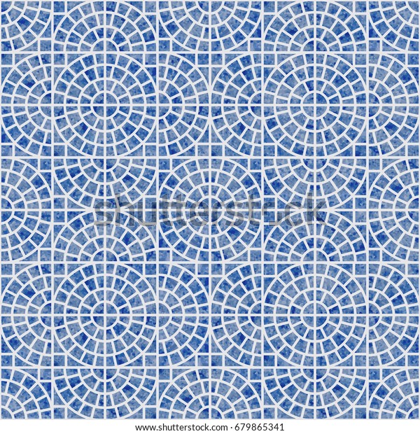 明るいグレイの背景に青の水彩テクスチャーを持つ抽象的なシームレスな幾何学模様 床タイル 壁紙 折り返し紙 ページフィル 地中海セラミックスタイル のイラスト素材