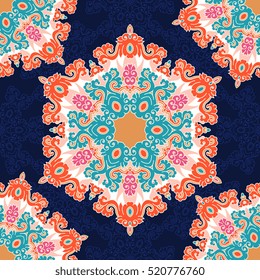 Abstract seamless patchwork pattern. Arabic tile texture with geometric and floral ornaments. Decorative elements for textile, book covers, print, gift wrap. Vintage boho style.