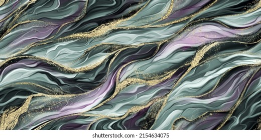 Abstract seamless pattern, alcohol ink texture, watercolor background. Turquoise, pink, purple, black, gold colors. 3d illustration, digital paper, luxury wallpaper, cloth, fabric printing, mural art