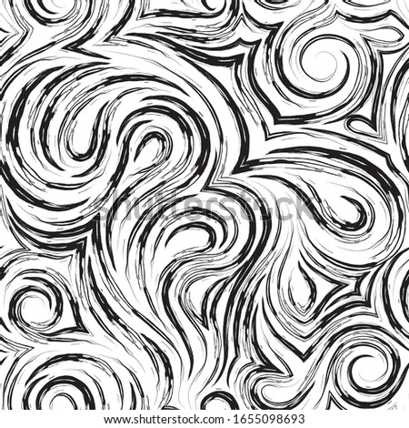 Abstract seamless pattern in black color from torn lines in the form of spirals of loops and curls. Texture for decoration of fabrics or wrappers in black isolated on white background.