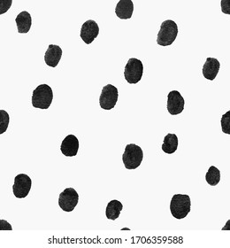 Abstract seamless pattern with black spots and dots on a white background. Hand painted gouache wallpaper.
