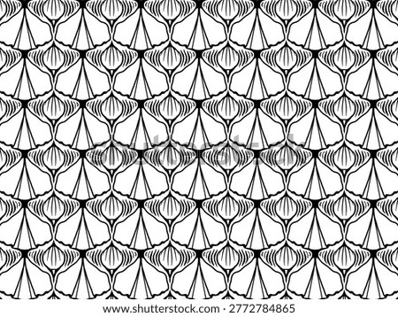Abstract seamless pattern of black and white shell shapes in a repetitive scale layout.