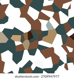 Abstract seamless pattern created with non-uniform geometric shapes in a Voronoi mosaic. A modern camouflage design in a color palette of dark teal, warm browns, beige, and contrasting white.