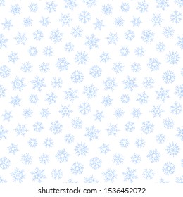 Abstract seamless pattern of falling blue snowflakes on white background. Winter pattern for banner, greeting, Christmas and New Year card, invitation, postcard, paper packaging.